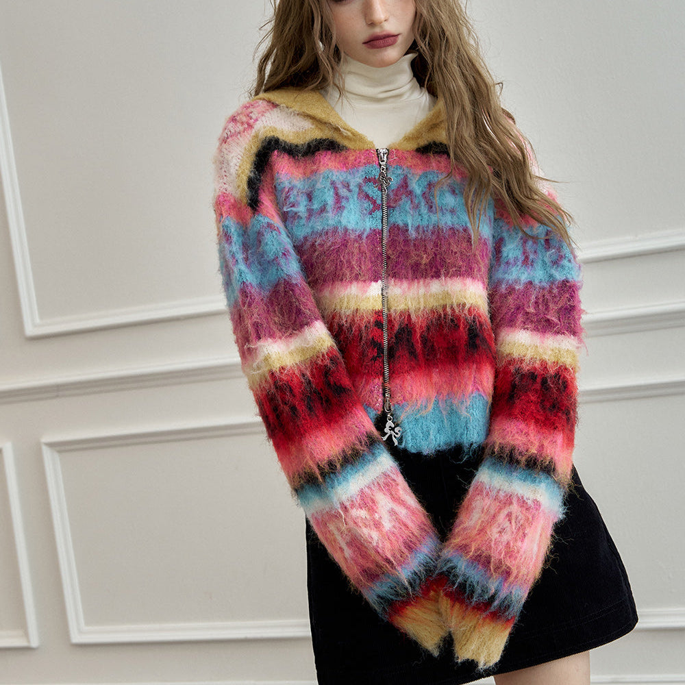 
                  
                    ELFSACK 2024 Winter New Arrivals Colorful long haired striped zipper hooded sweater cardigan for women
                  
                