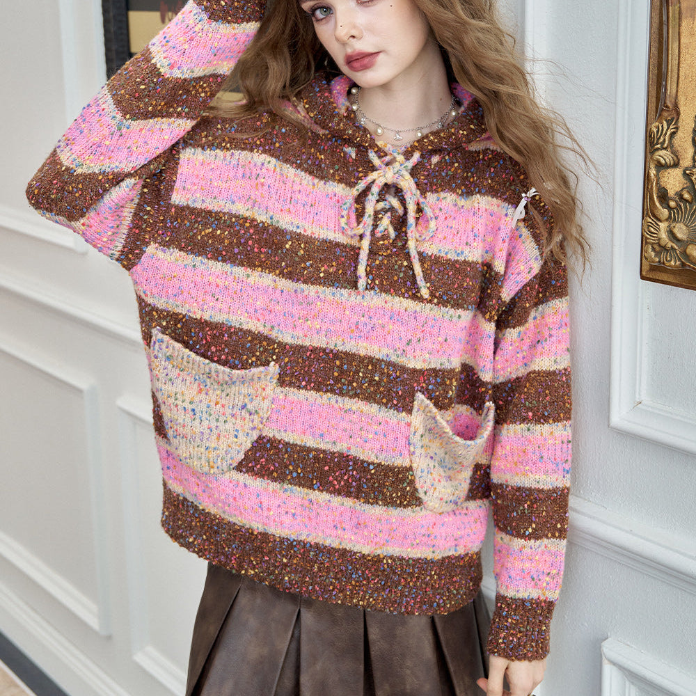 
                  
                    ELFSACK 2024 Winter New Arrivals Colorful striped hooded tied sweater for women
                  
                