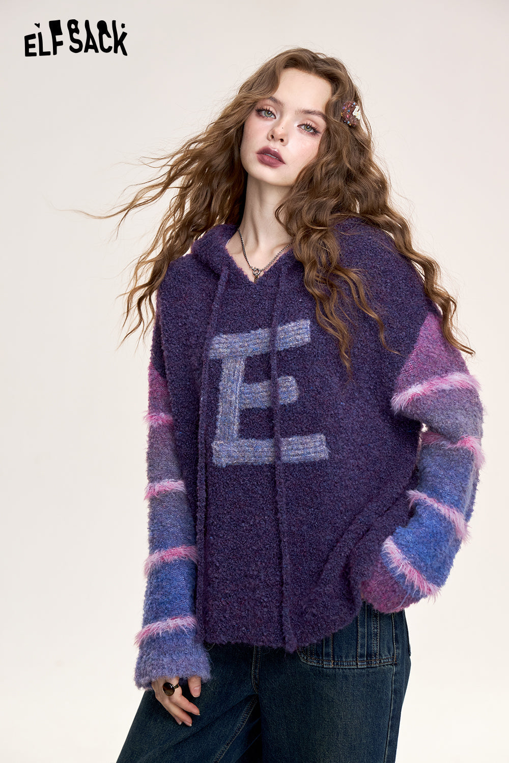 ELFSACK Women's letter hooded sweater, soft, loose, casual
