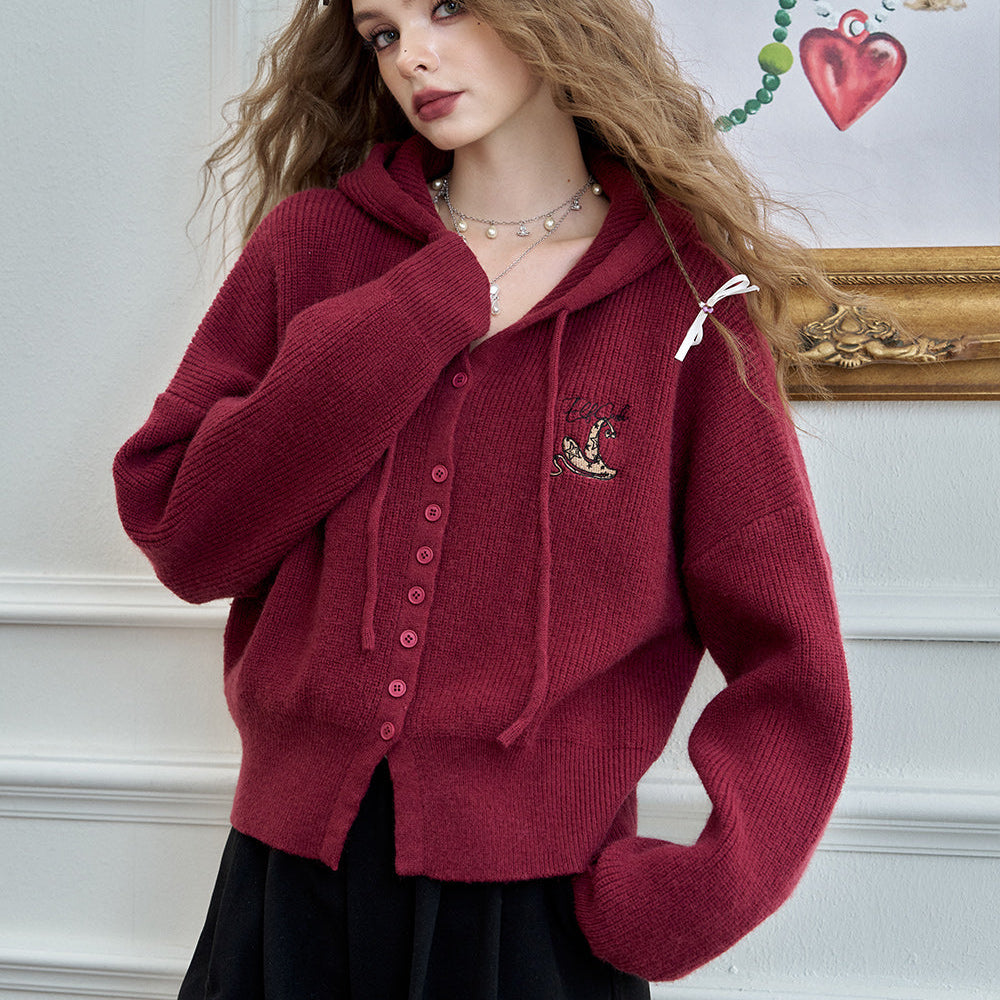 
                  
                    ELFSACK 2024 Winter New Arrivals Retro Preppy Style hooded short sweater cardigan for women
                  
                