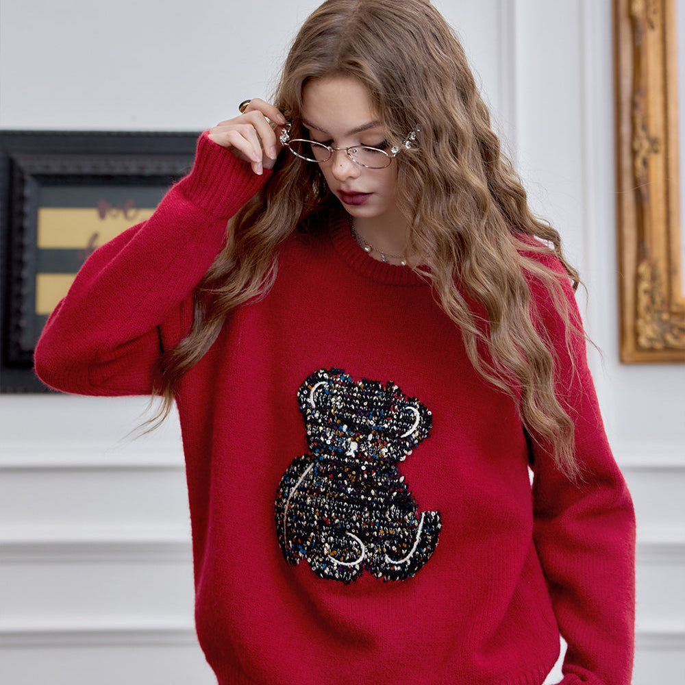 ELFSACK 2024 Winter New Arrivals bear red pullover sweater for women, versatile, loose and soft