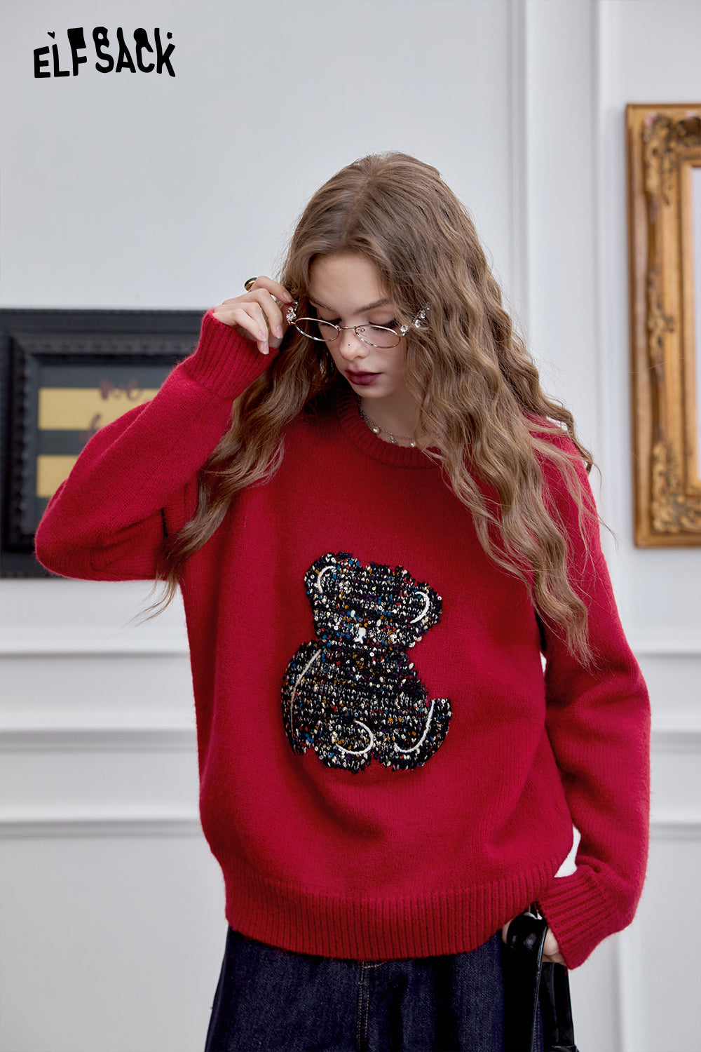 ELFSACK 2024 Winter New Arrivals bear red pullover sweater for women, versatile, loose and soft