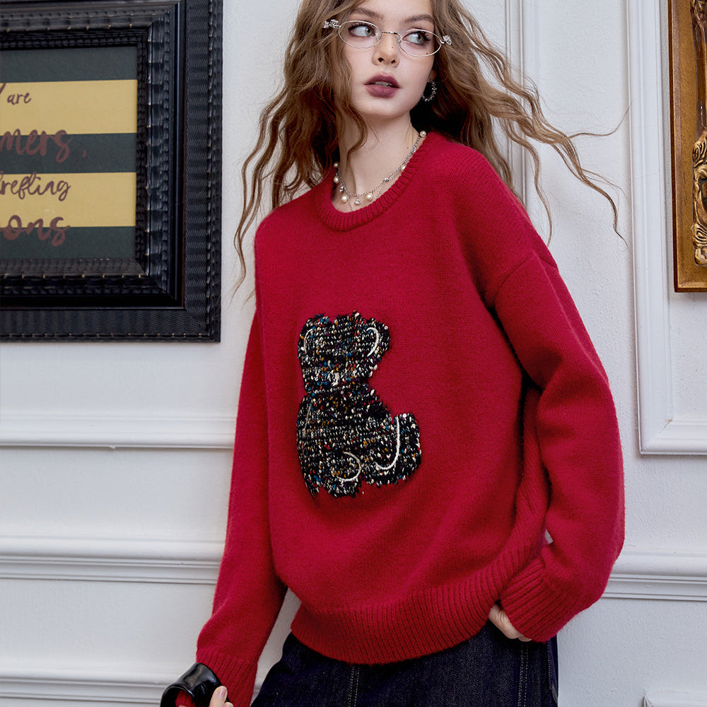 
                  
                    ELFSACK 2024 Winter New Arrivals bear red pullover sweater for women, versatile, loose and soft
                  
                