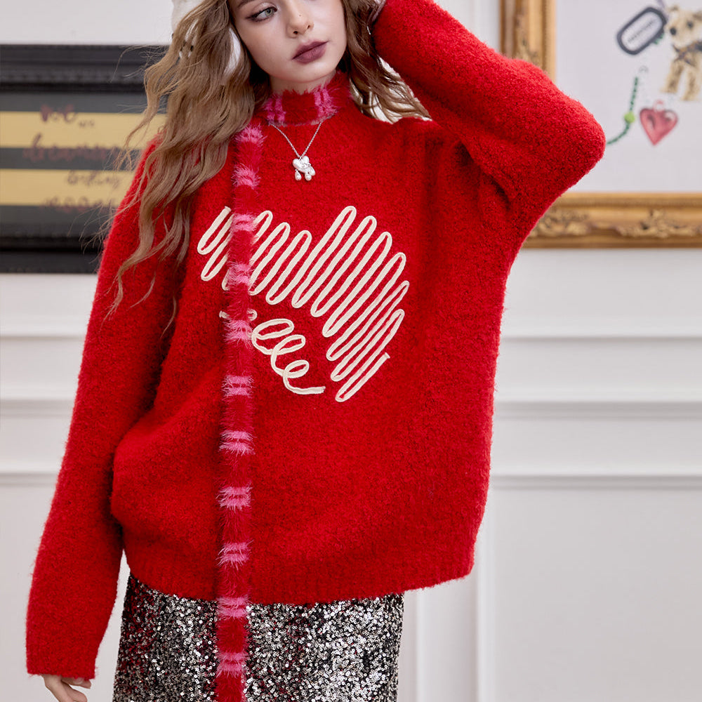 ELFSACK 2024 Winter New Arrivals Red Fluffy Pullover Sweater Women Long-sleeve Loose Casual Soft Top