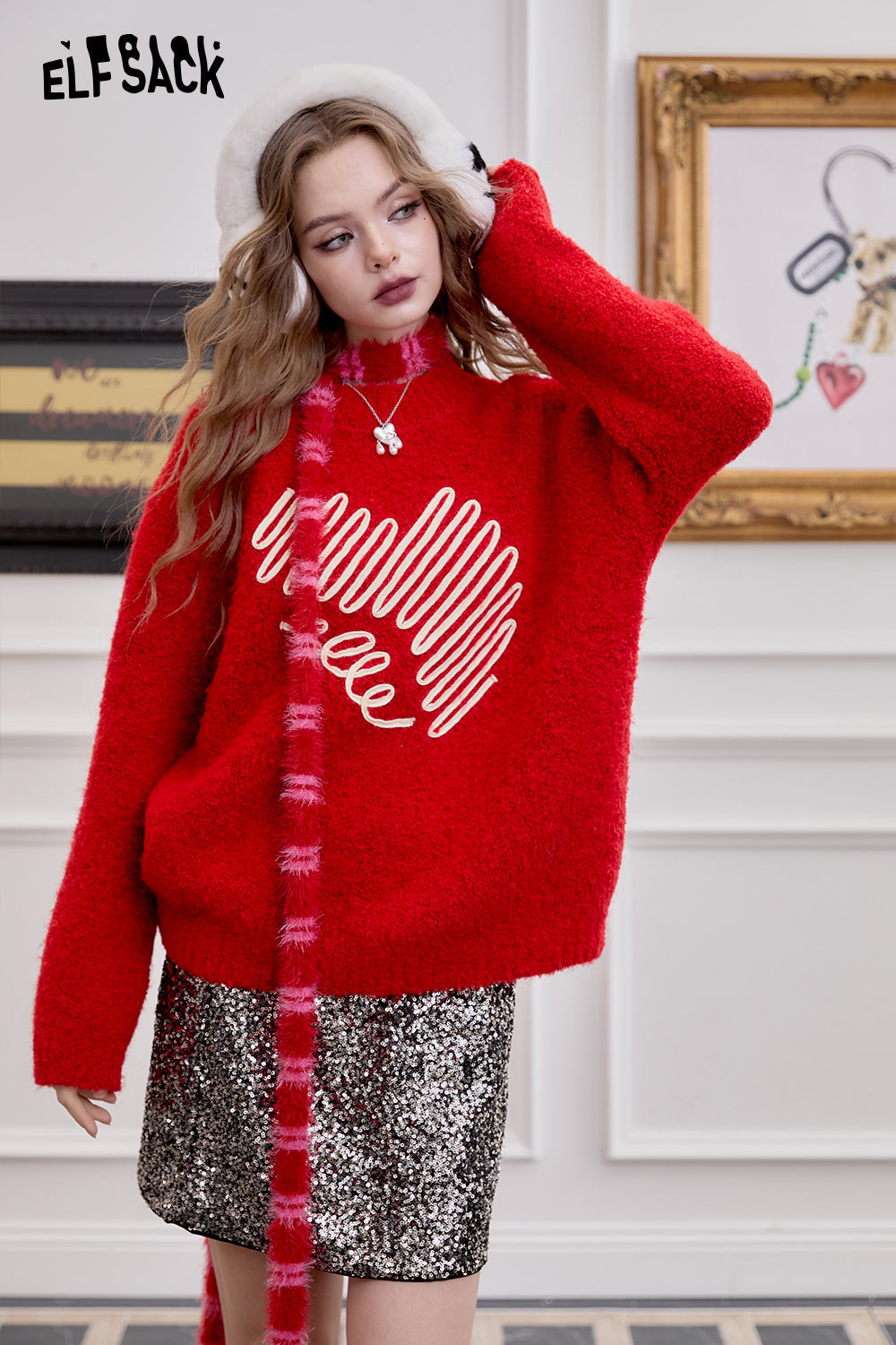 ELFSACK 2024 Winter New Arrivals Red Fluffy Pullover Sweater Women Long-sleeve Loose Casual Soft Top