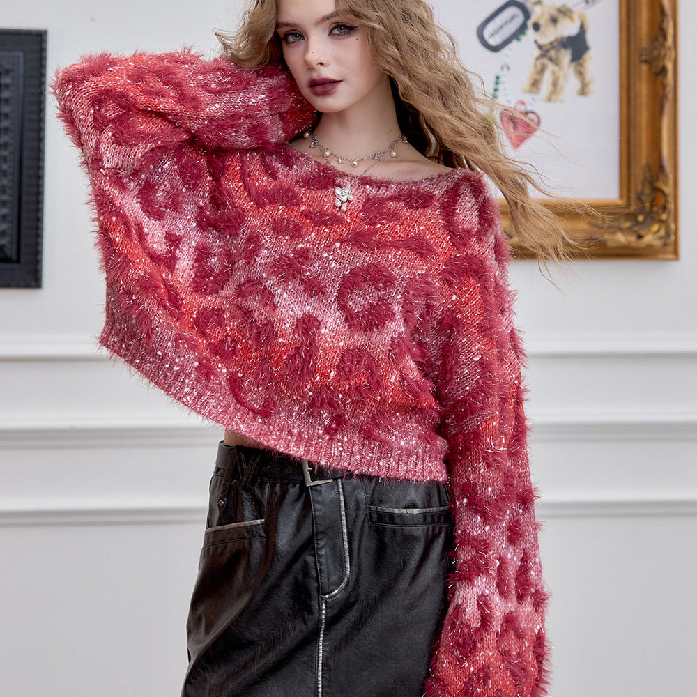 ELFSACK 2024 Winter New Arrivals Women's Fluffy Short Retro Leopard Print Short Pullover Sweater