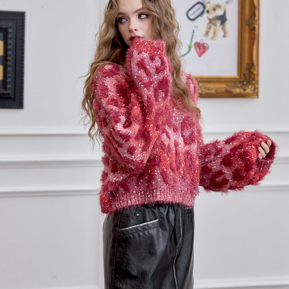 ELFSACK 2024 Winter New Arrivals Women's Fluffy Short Retro Leopard Print Short Pullover Sweater