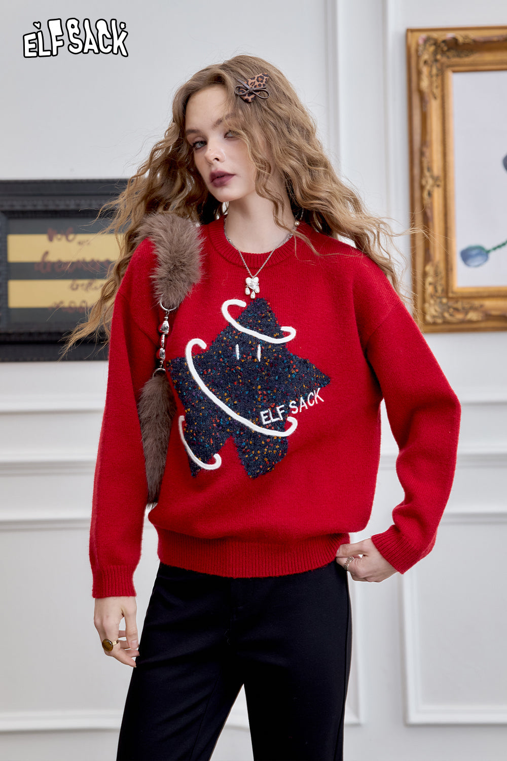 ELFSACK 2024 Winter New Arrivals Cute Stars Red Pullover Sweater for Women All-match Round Neck Long Sleeves