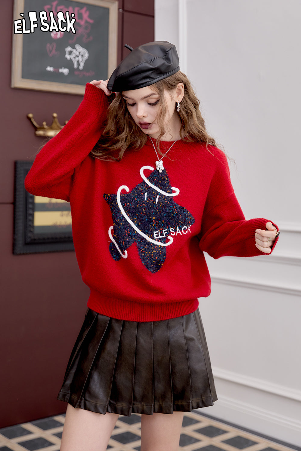 
                  
                    ELFSACK 2024 Winter New Arrivals Cute Stars Red Pullover Sweater for Women All-match Round Neck Long Sleeves
                  
                