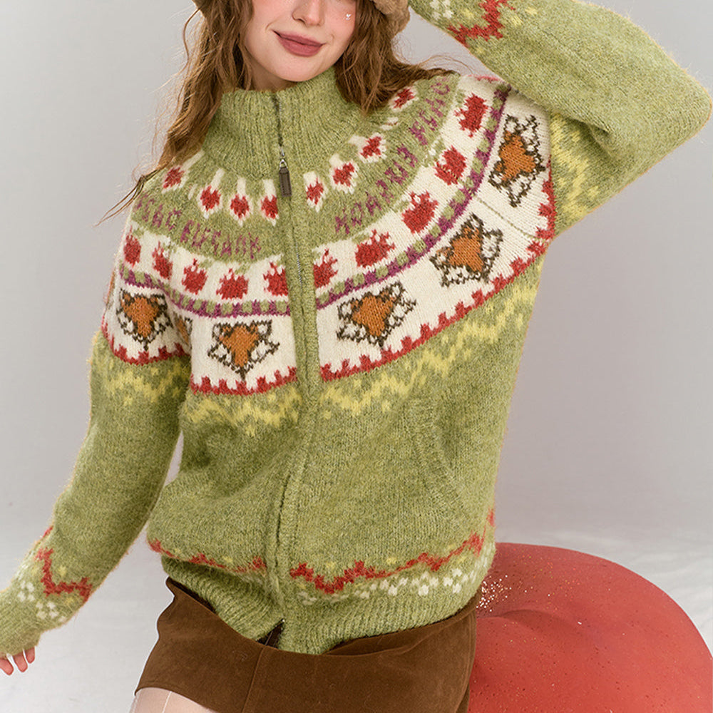 ELFSACK 2024 Winter New Arrivals Fair Isle Zipper Cardigan Sweater Women Loose Christmas Wear Tops