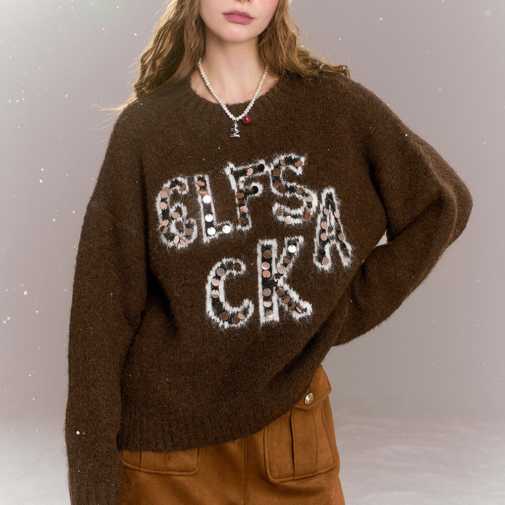 
                  
                    ELFSACK 2024 Winter New Arrivals Retro Loose Sequin Letters Soft Warm Sweater Women Round Neck Long Sleeves
                  
                