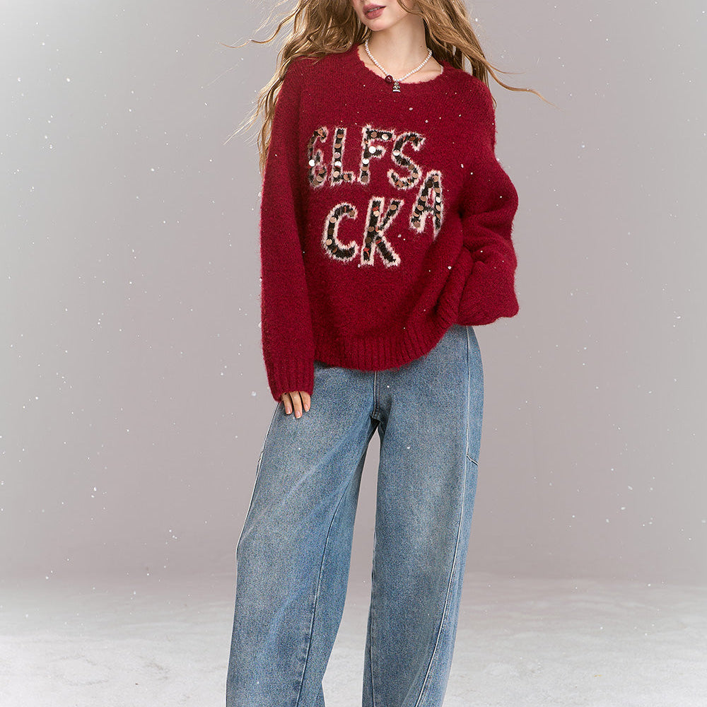 
                  
                    ELFSACK 2024 Winter New Arrivals Retro Loose Sequin Letters Soft Warm Sweater Women Round Neck Long Sleeves
                  
                