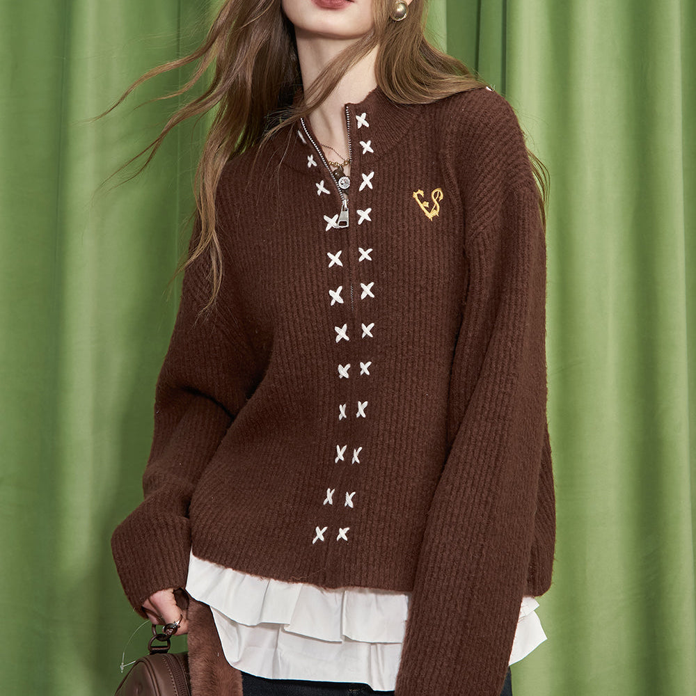 ELFSACK 2024 Winter New Arrivals Milard Embroidered Knitted Cardigan Women Soft Sweater with Zipper