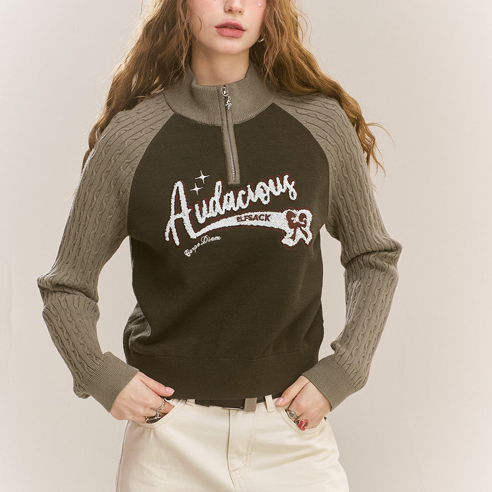 
                  
                    ELFSACK 2024 Winter New Arrivals Slim, soft and sticky short contrast color raglan letter zipper sweater for women
                  
                