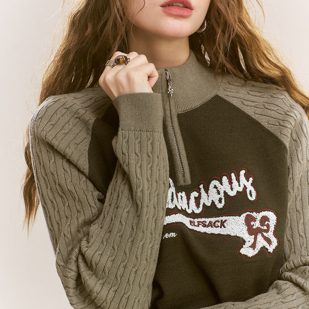 
                  
                    ELFSACK 2024 Winter New Arrivals Slim, soft and sticky short contrast color raglan letter zipper sweater for women
                  
                