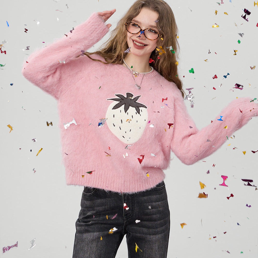 
                  
                    ELFSACK 2024 Winter New Arrivals Loose Soft Warm Pink Strawberry Applique Fluffy Sweater for Women
                  
                