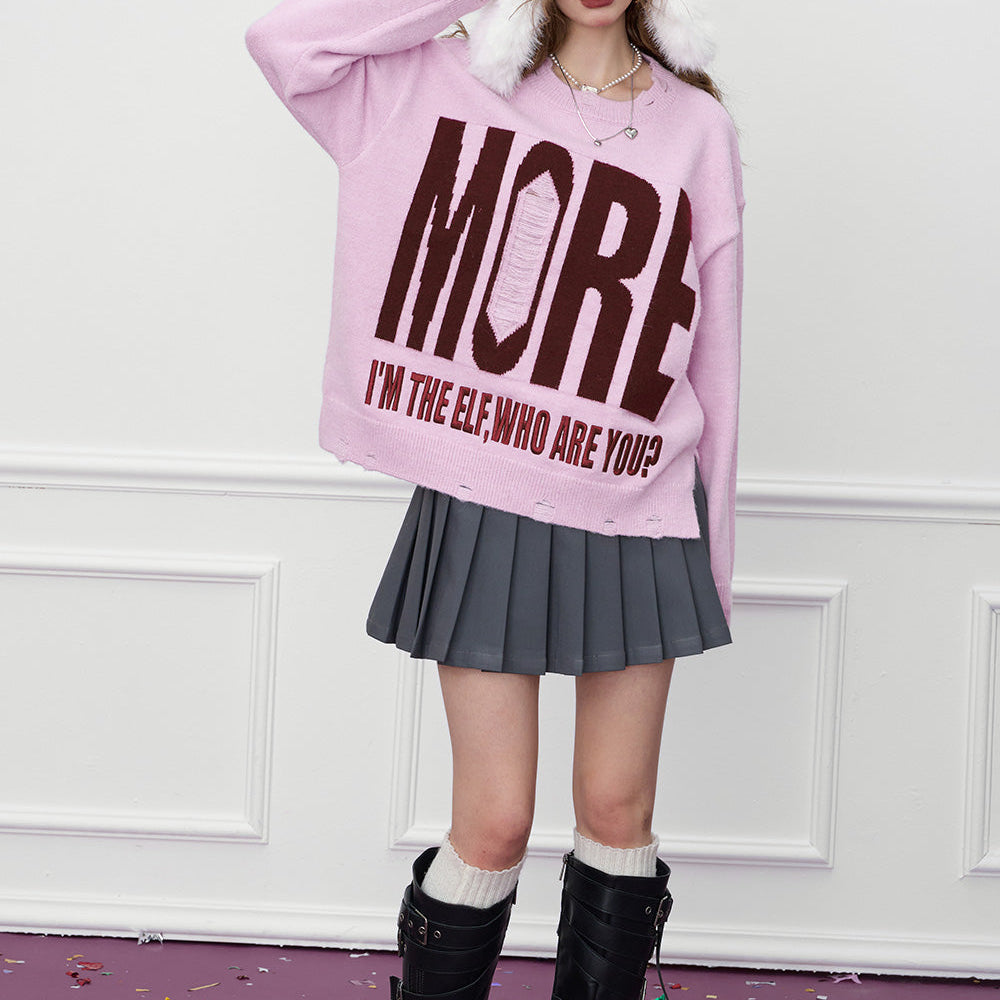 ELFSACK 2024 Winter New Arrivals Pink and purple sweater for women, sweet and loose, round neck, letter print, holes