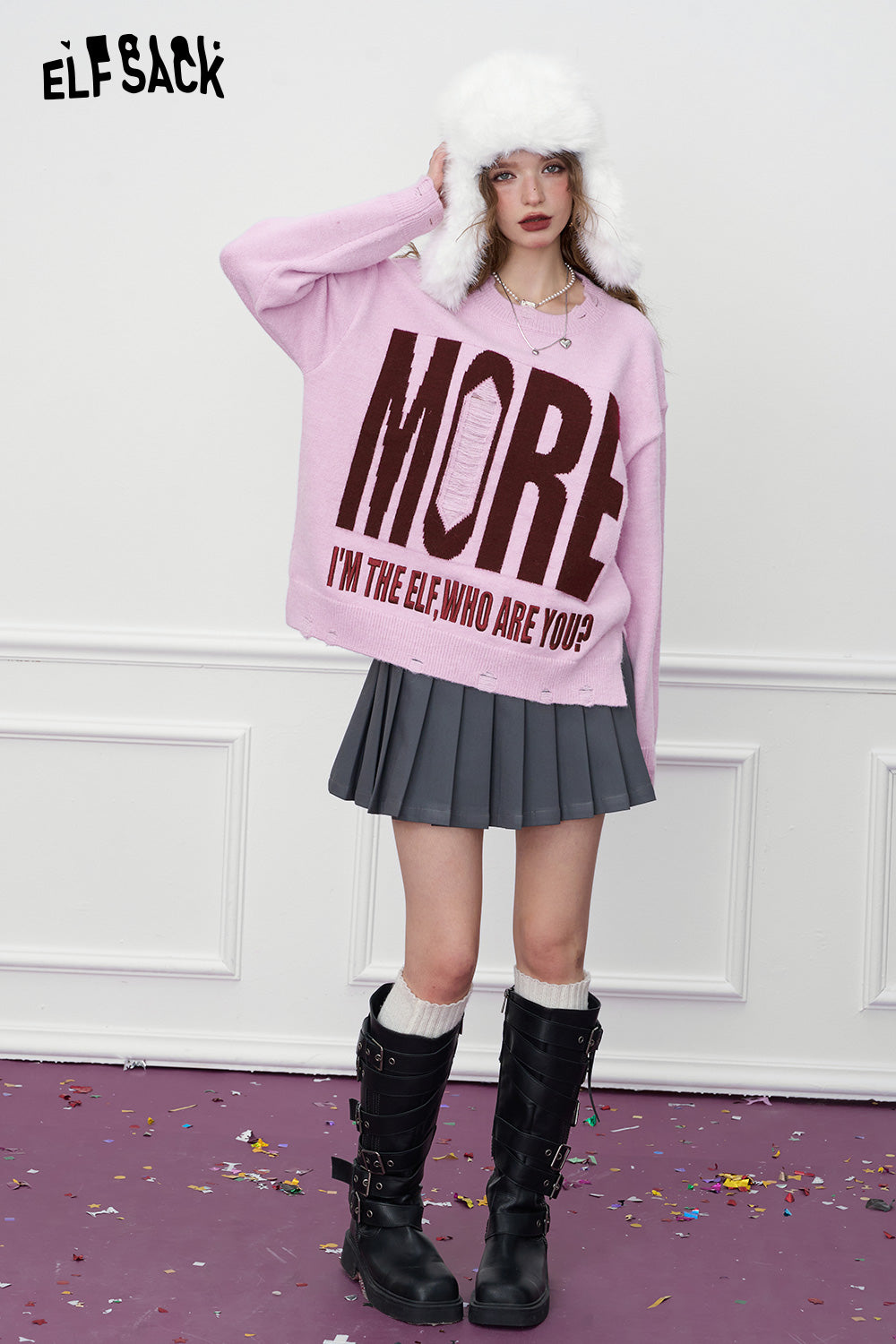 ELFSACK Pink and purple sweater, sweet and loose, round neck, letter print, holes