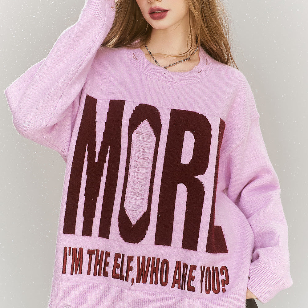 ELFSACK 2024 Winter New Arrivals Pink and purple sweater for women, sweet and loose, round neck, letter print, holes