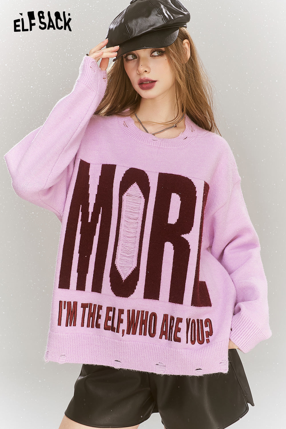 ELFSACK Pink and purple sweater, sweet and loose, round neck, letter print, holes