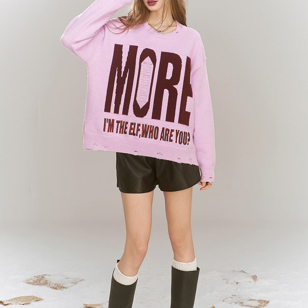 
                  
                    ELFSACK 2024 Winter New Arrivals Pink and purple sweater for women, sweet and loose, round neck, letter print, holes
                  
                