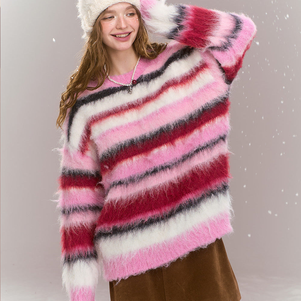 
                  
                    ELFSACK 2024 Winter New Arrivals Loose casual pink stripes contrast warm sweater for women
                  
                