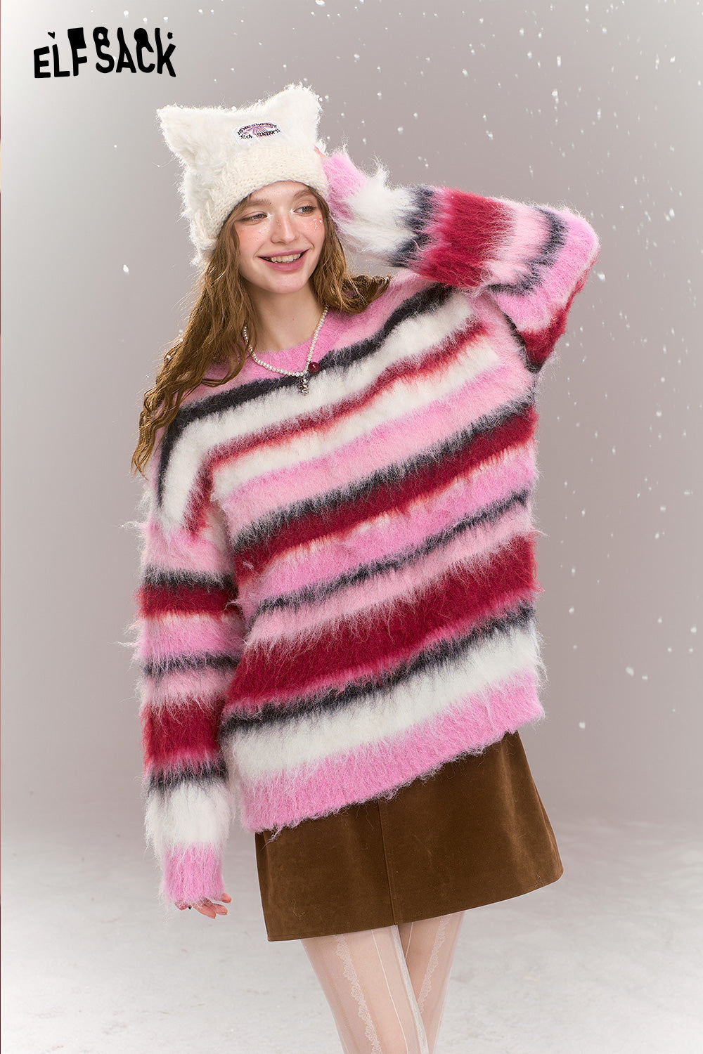 ELFSACK Loose casual pink stripes contrast warm sweater