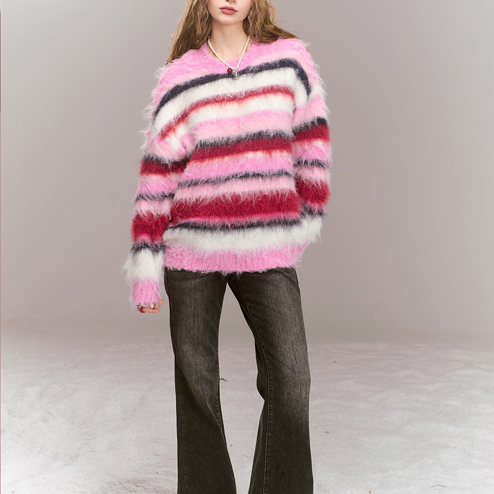 
                  
                    ELFSACK 2024 Winter New Arrivals Loose casual pink stripes contrast warm sweater for women
                  
                