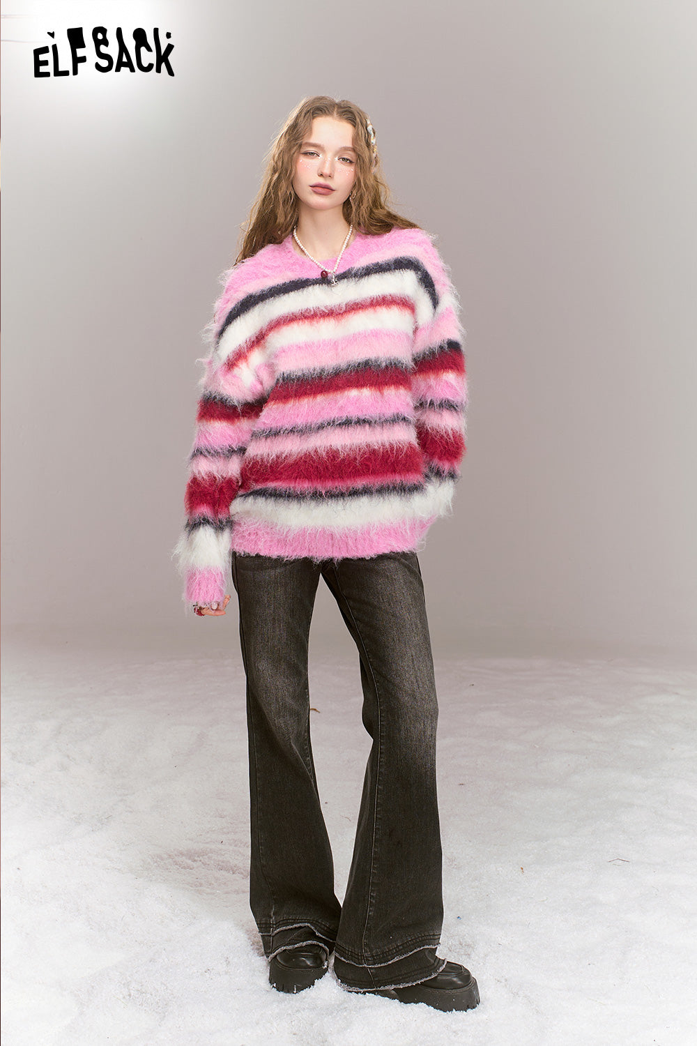 ELFSACK Loose casual pink stripes contrast warm sweater
