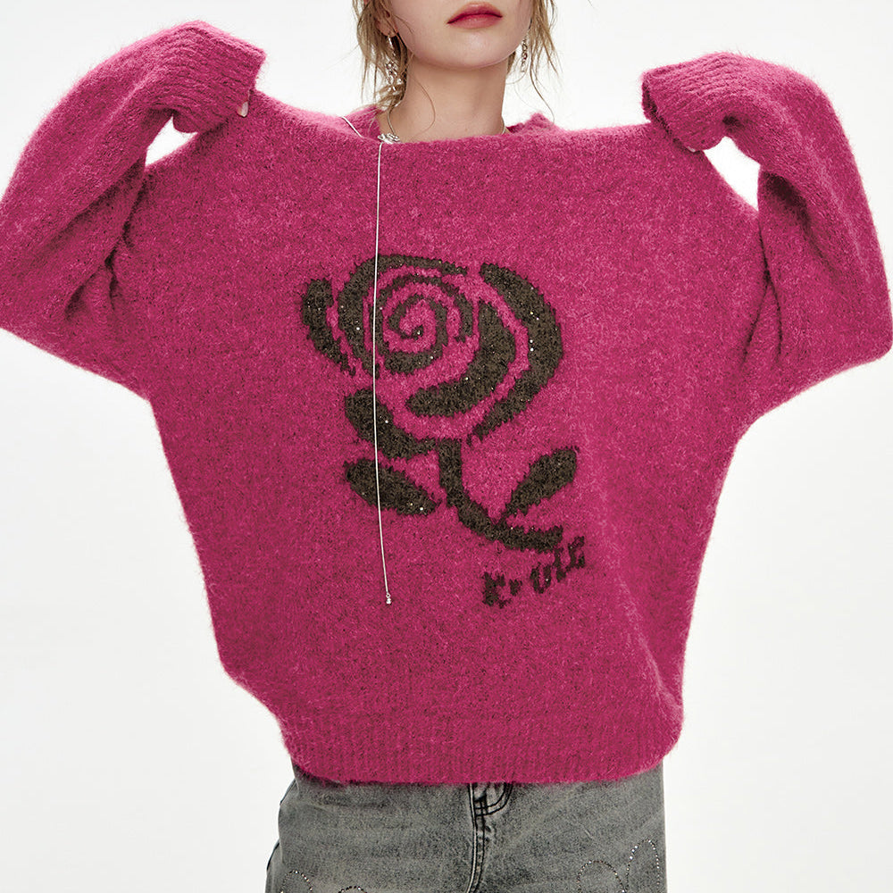 
                  
                    ELFSACK 2024 Winter New Arrivals Rose Jacquard Sweater Women Loose Korean Top
                  
                