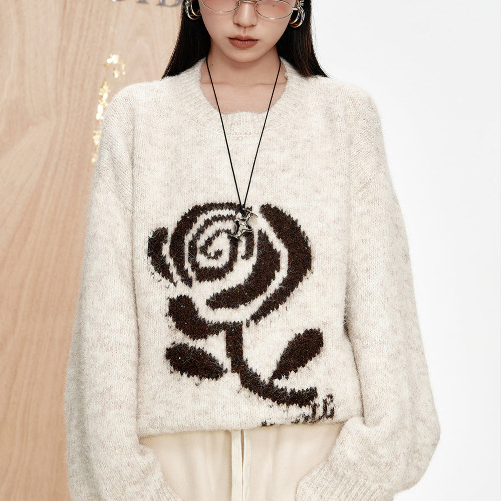 ELFSACK 2024 Winter New Arrivals Rose Jacquard Sweater Women Loose Korean Top