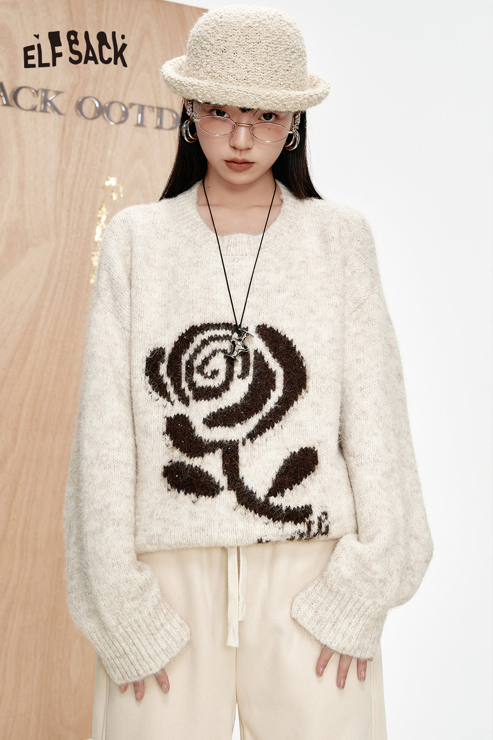 ELFSACK 2024 Winter New Arrivals Rose Jacquard Sweater Women Loose Korean Top