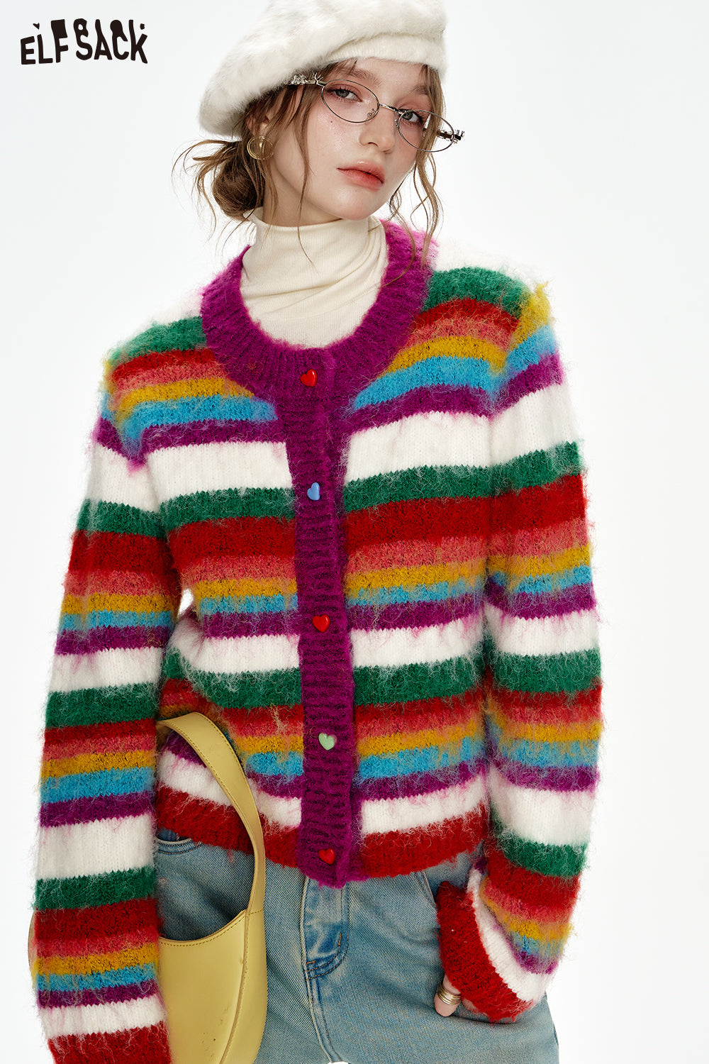 ELFSACK 2024 Winter New Arrivals Rainbow striped sweater cardigan women Christmas outfit