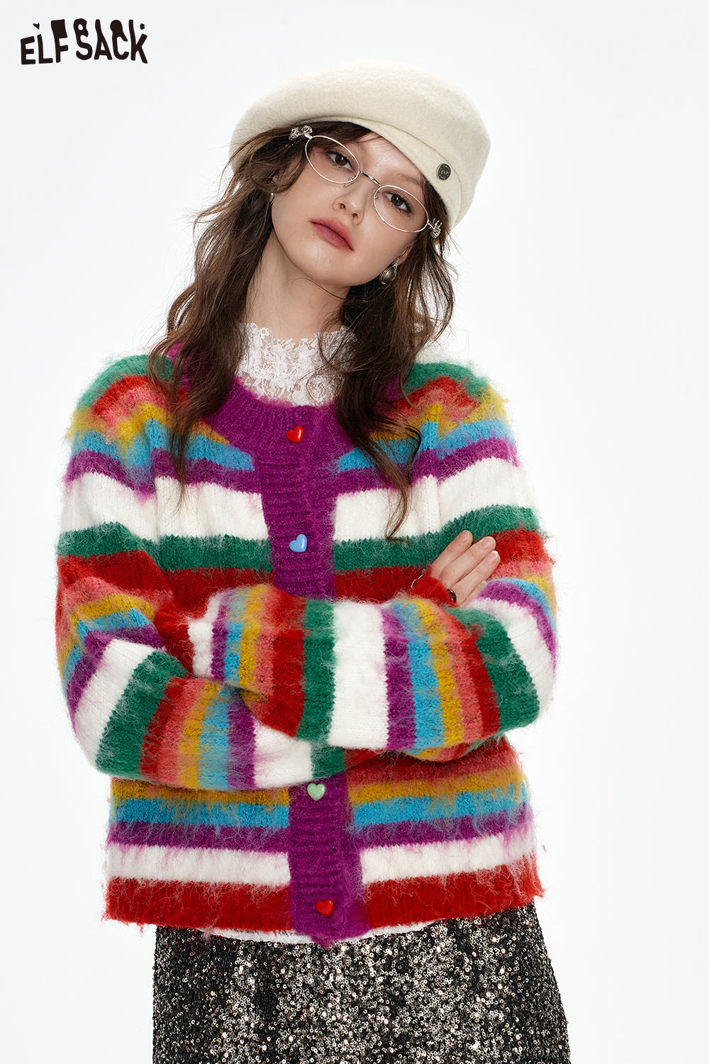 ELFSACK 2024 Winter New Arrivals Rainbow striped sweater cardigan women Christmas outfit