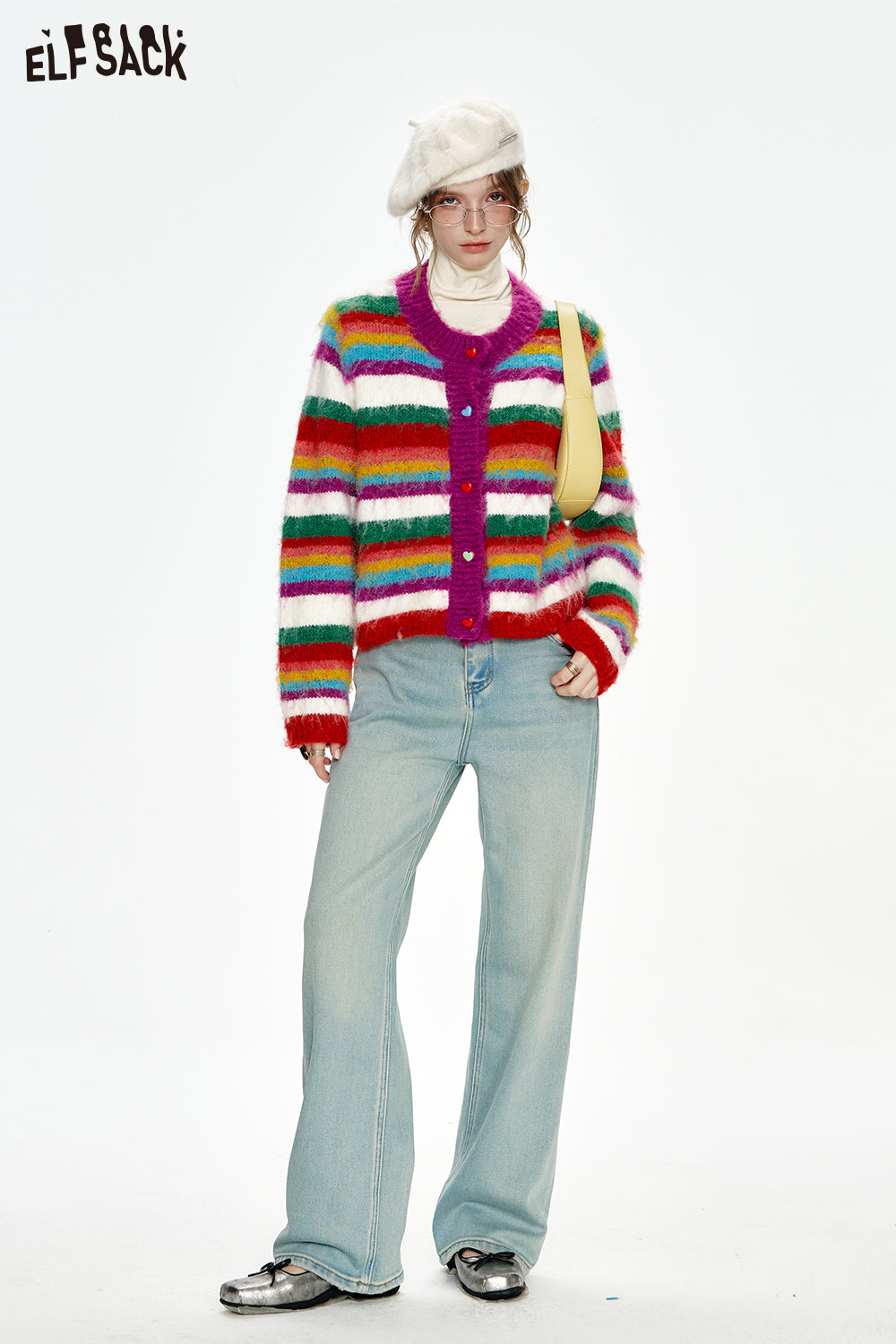 ELFSACK Rainbow striped sweater cardigan women Christmas outfit