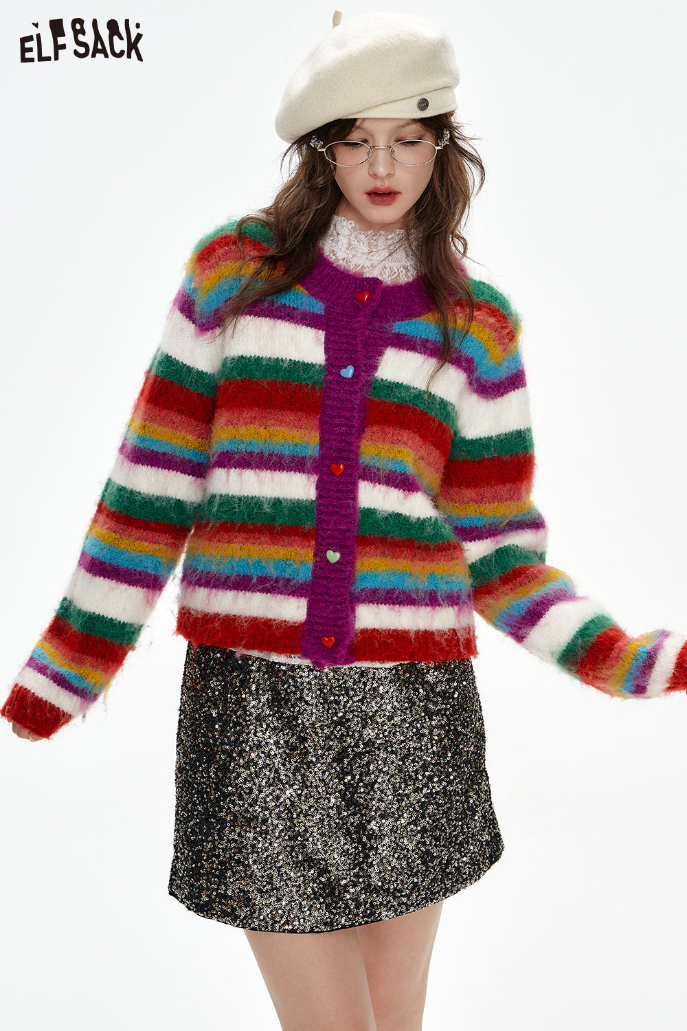 ELFSACK Rainbow striped sweater cardigan women Christmas outfit