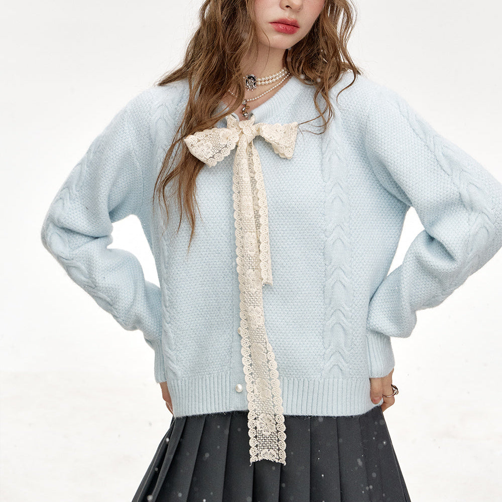 ELFSACK 2024 Winter New Arrivals Sweet Lace Bow Knitted Cardigan Sweater Women