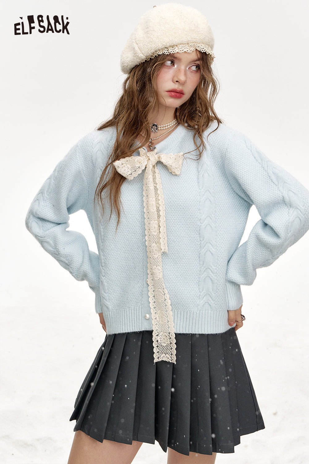 ELFSACK 2024 Winter New Arrivals Sweet Lace Bow Knitted Cardigan Sweater Women