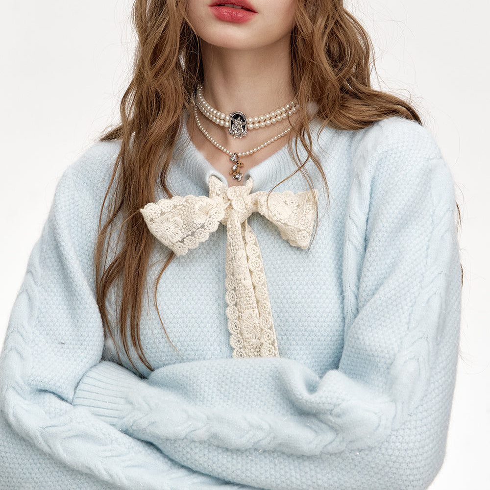 
                  
                    ELFSACK 2024 Winter New Arrivals Sweet Lace Bow Knitted Cardigan Sweater Women
                  
                