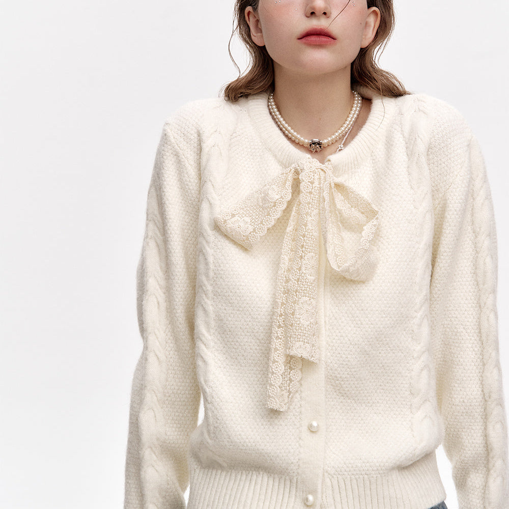 
                  
                    ELFSACK 2024 Winter New Arrivals Sweet Lace Bow Knitted Cardigan Sweater Women
                  
                