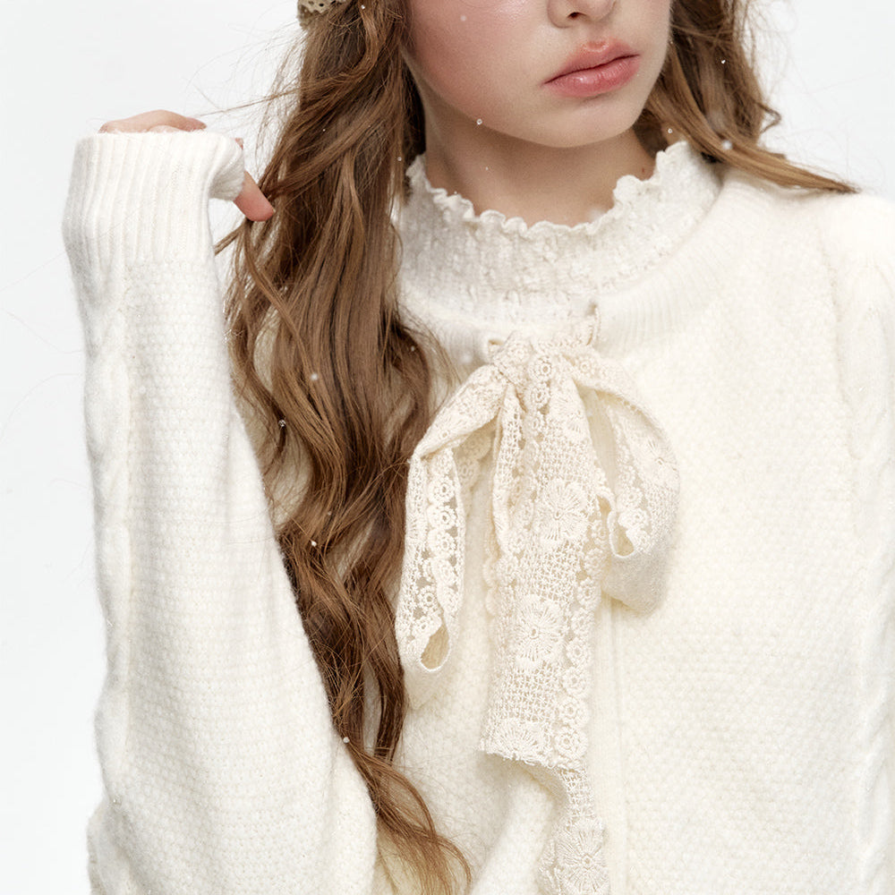 
                  
                    ELFSACK 2024 Winter New Arrivals Sweet Lace Bow Knitted Cardigan Sweater Women
                  
                