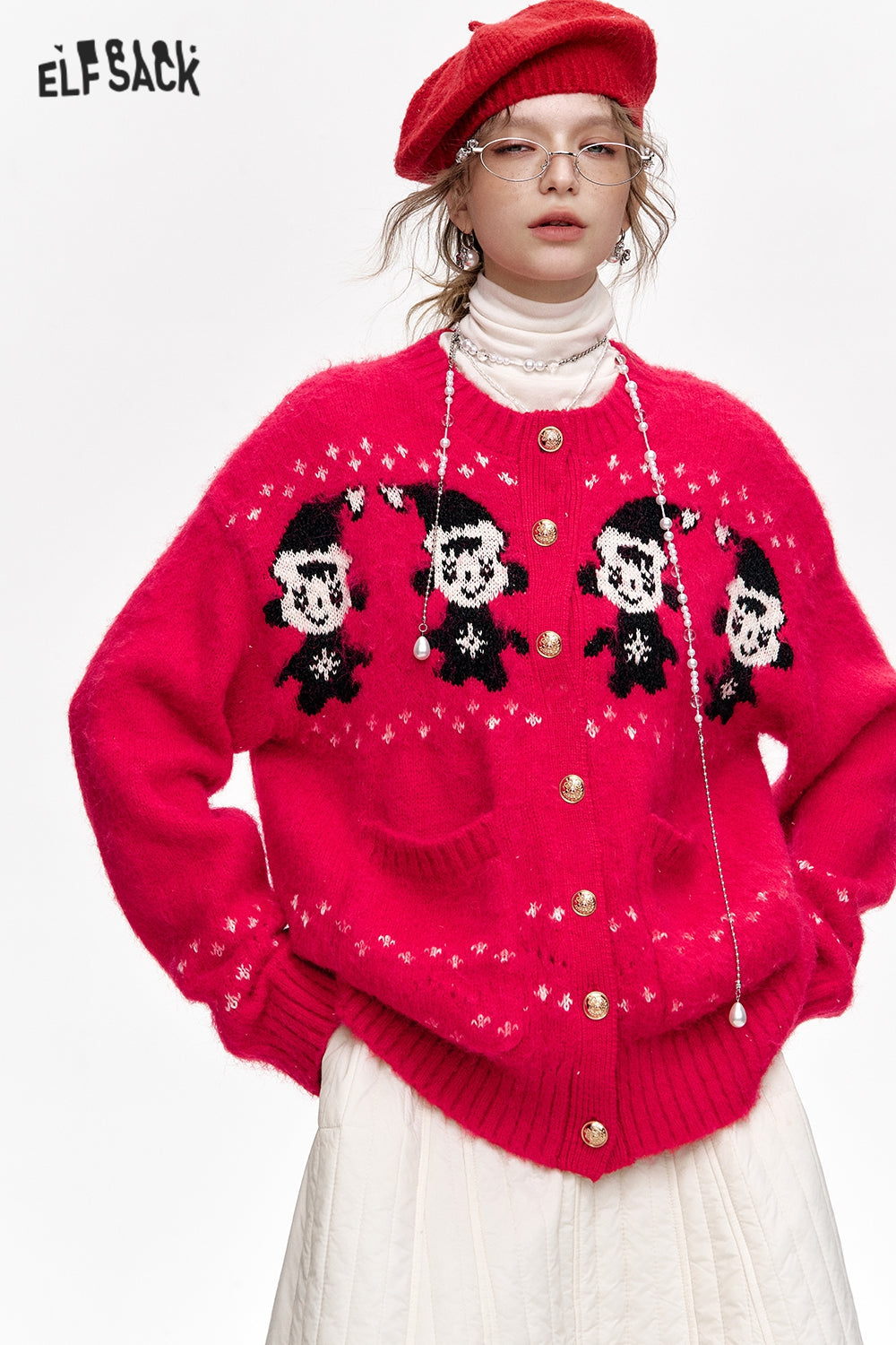 ELFSACK Year Red Snowman Cardigan Round Neck Single Breasted Sweater Women