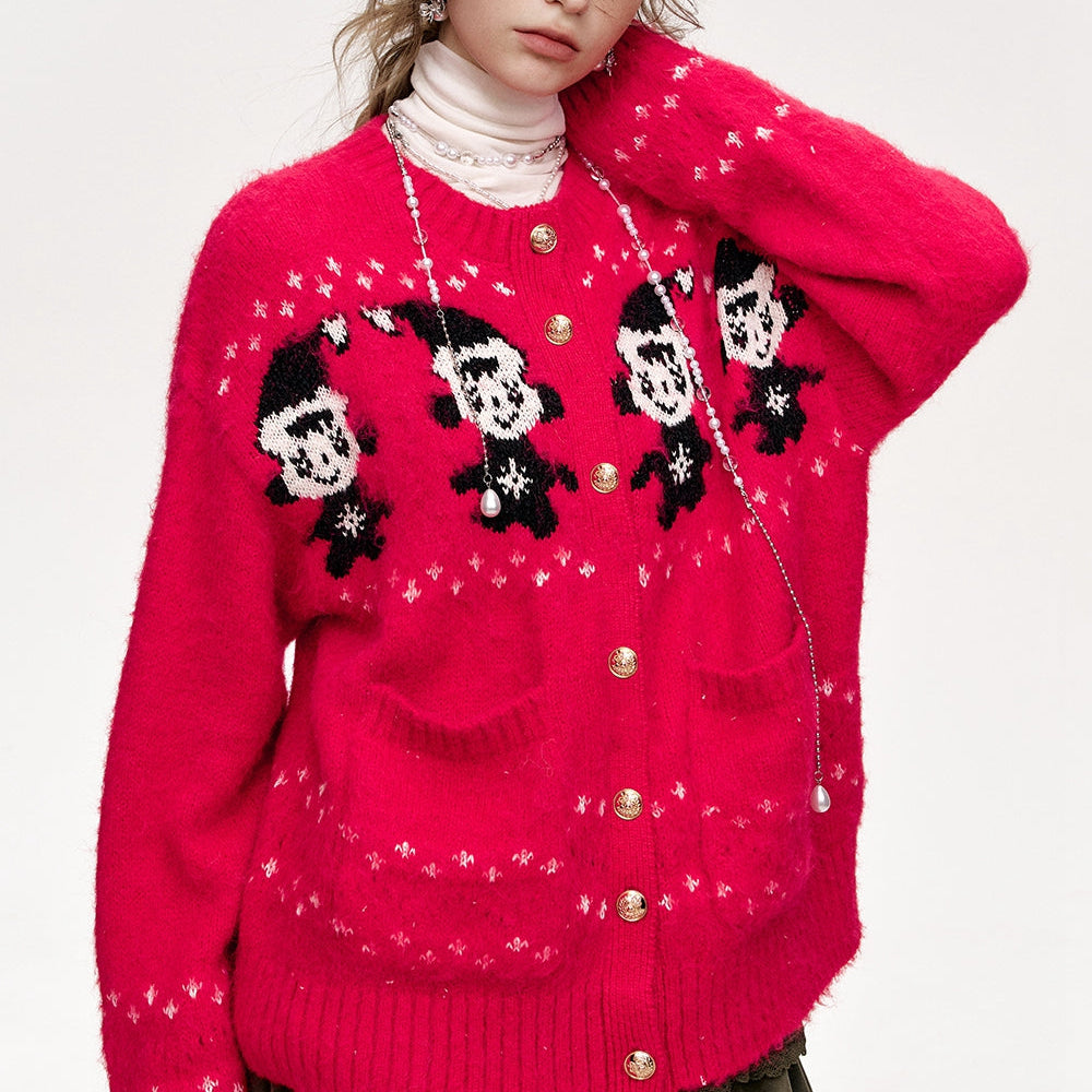 ELFSACK 2024 Winter New Arrivals New Year Red Snowman Cardigan Round Neck Single Breasted Sweater Women