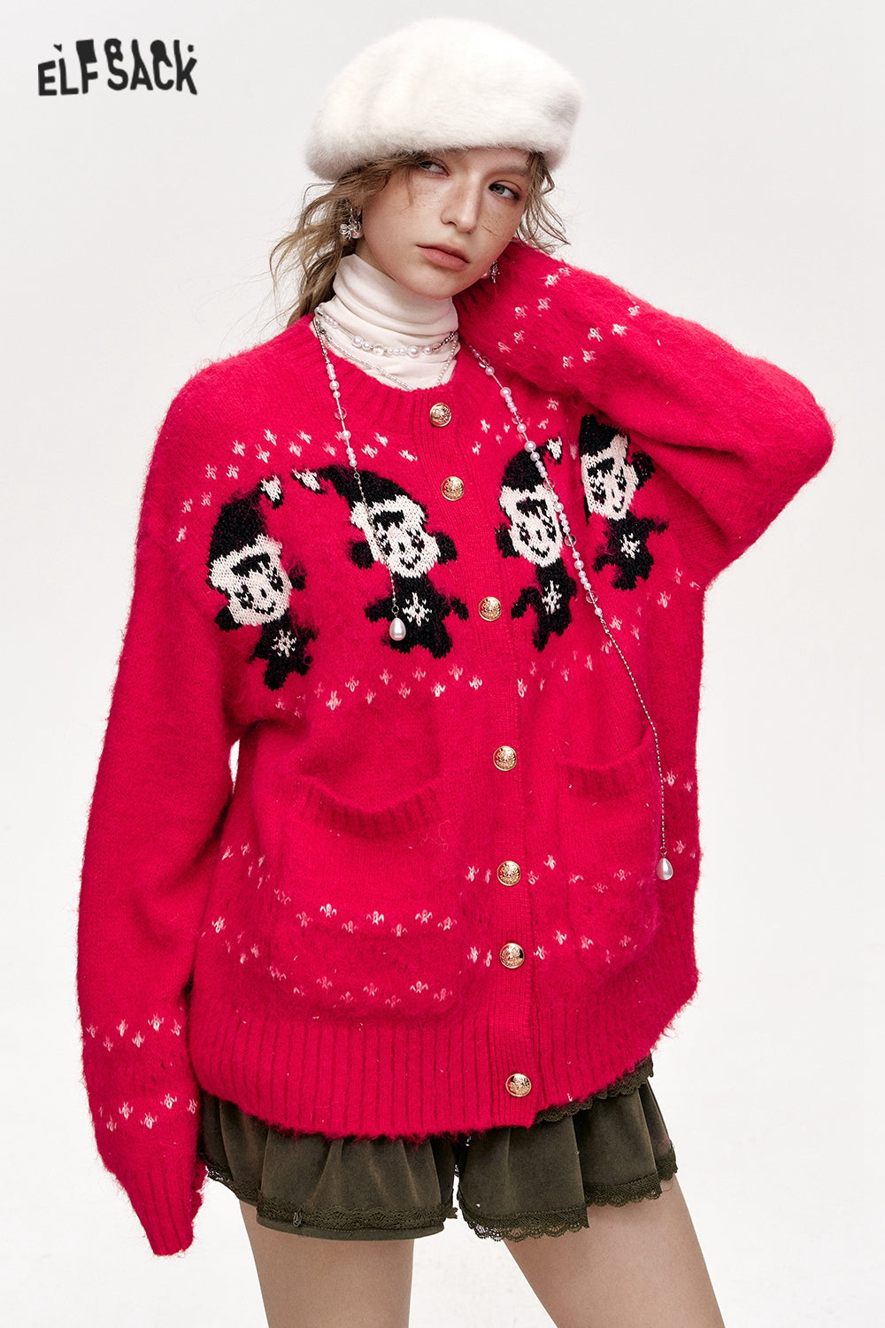 ELFSACK Year Red Snowman Cardigan Round Neck Single Breasted Sweater Women