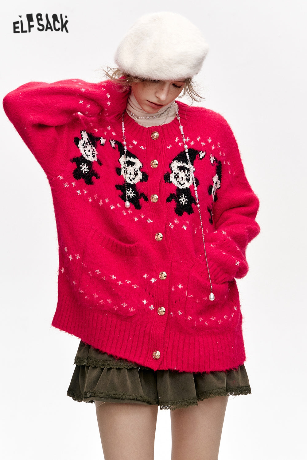 ELFSACK Year Red Snowman Cardigan Round Neck Single Breasted Sweater Women