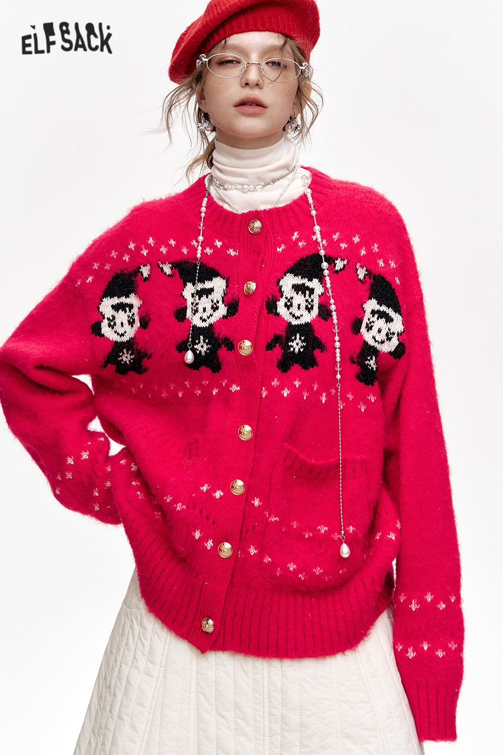ELFSACK Year Red Snowman Cardigan Round Neck Single Breasted Sweater Women