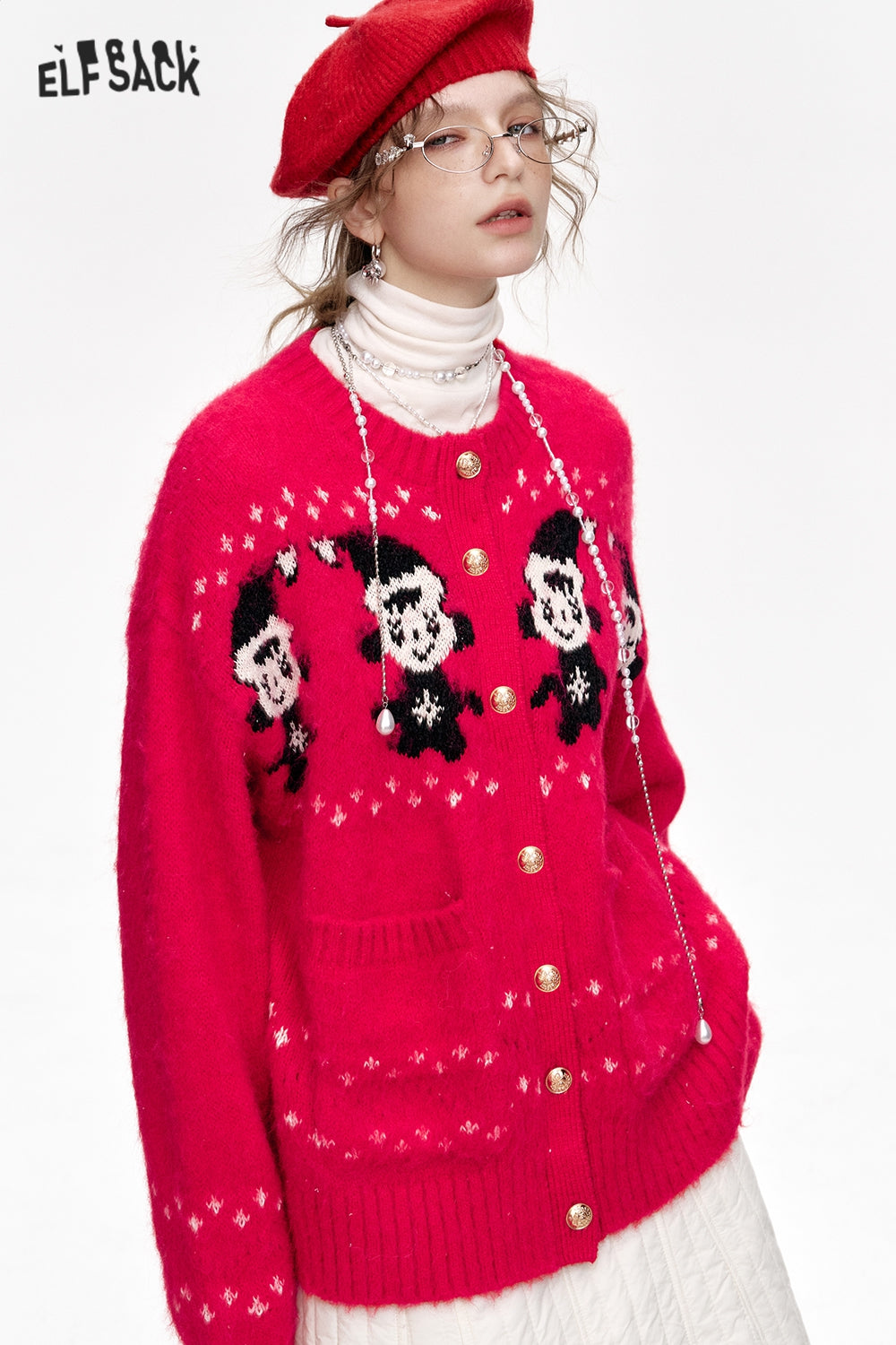 ELFSACK Year Red Snowman Cardigan Round Neck Single Breasted Sweater Women