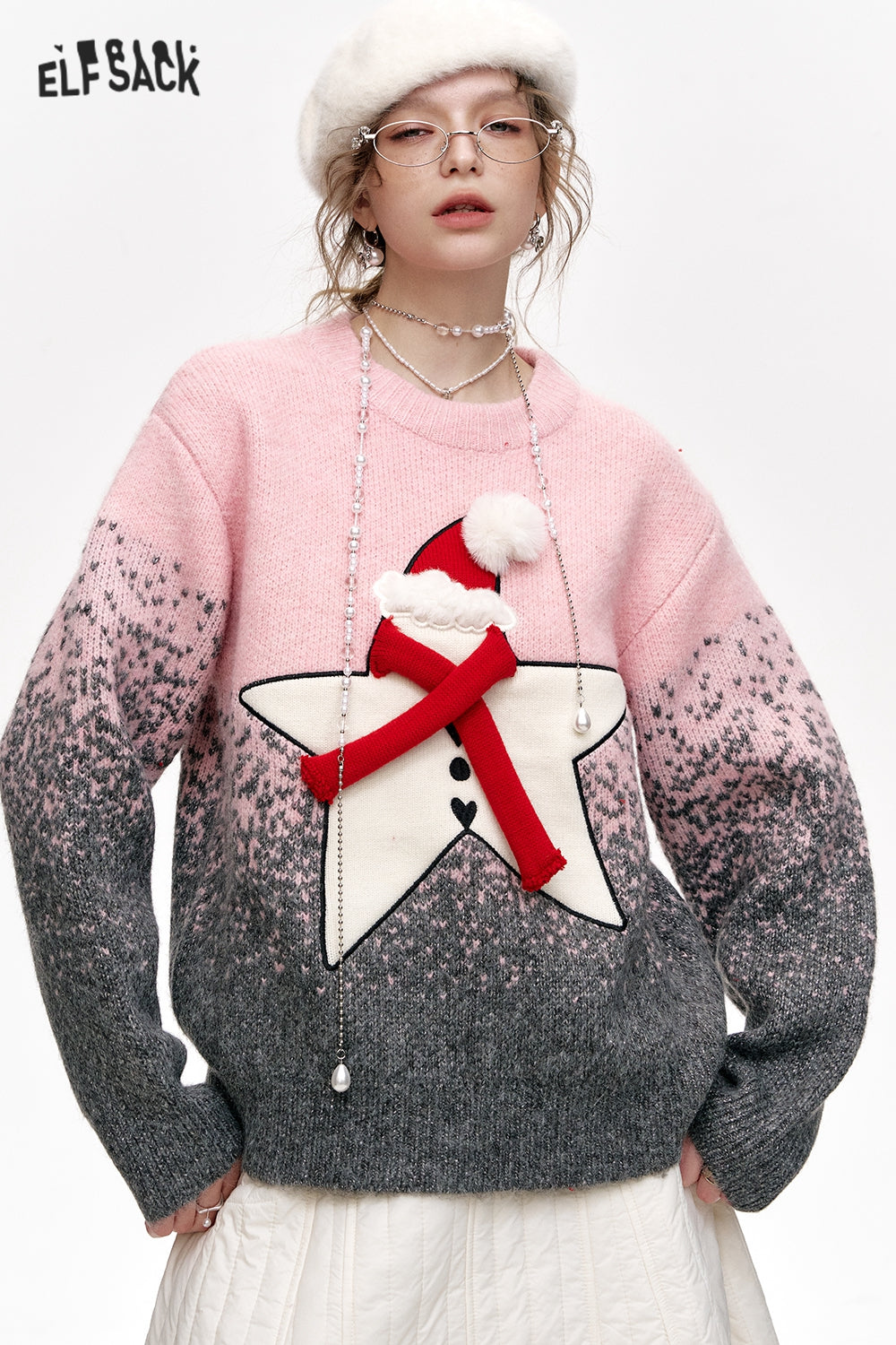 ELFSACK Sweet Star Gradient Loose Thickened Sweater