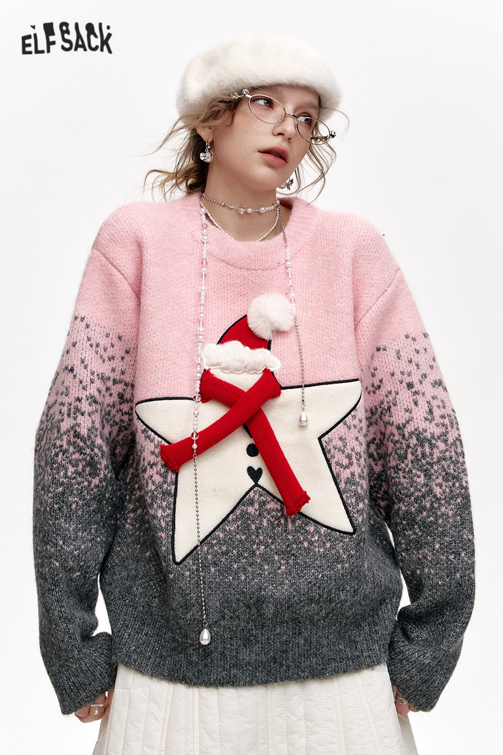 ELFSACK Sweet Star Gradient Loose Thickened Sweater