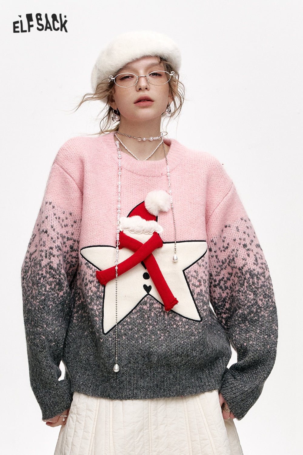 ELFSACK Sweet Star Gradient Loose Thickened Sweater